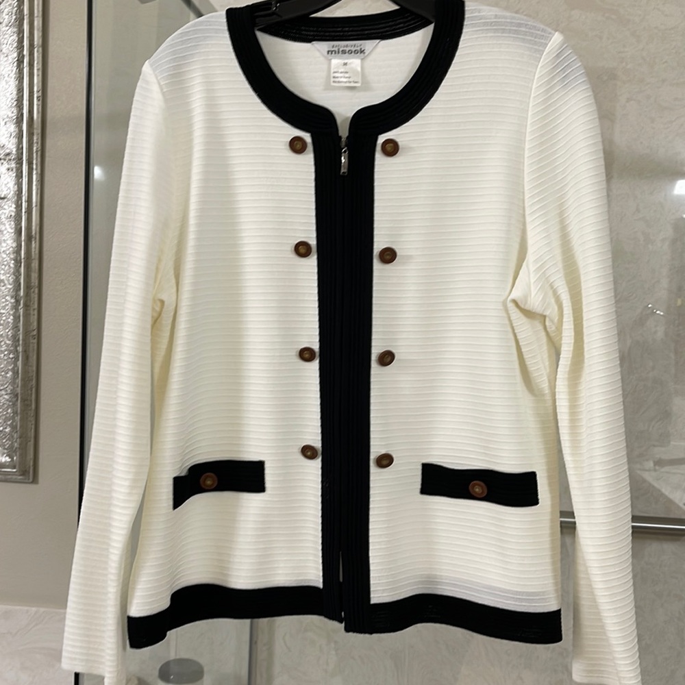 Misook Cream and Black Ribbed Button-Front Cardigan Sweater